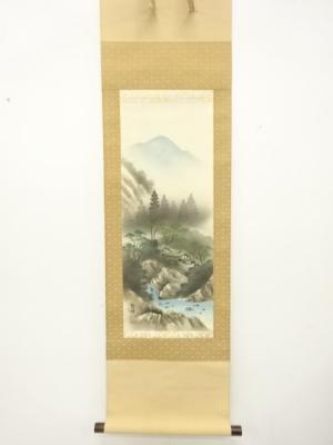 哲碓筆　彩色山水　肉筆絹本掛軸